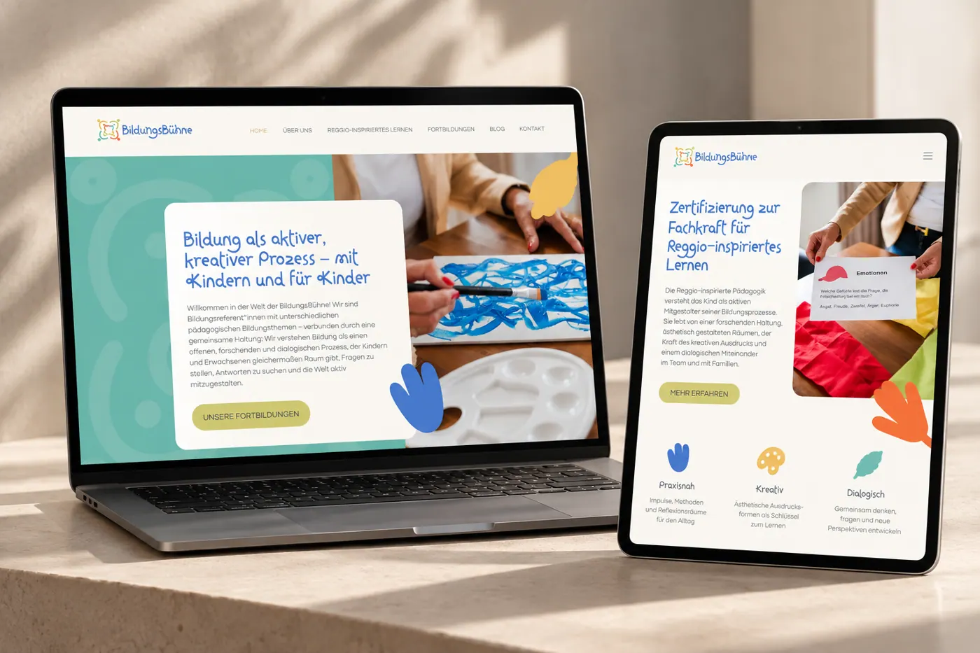 Website der BildungsBühne auf Laptop und Tablet