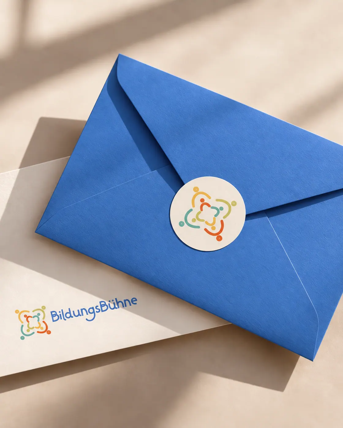 Blauer Briefumschlag mit BildungsBühne Sticker