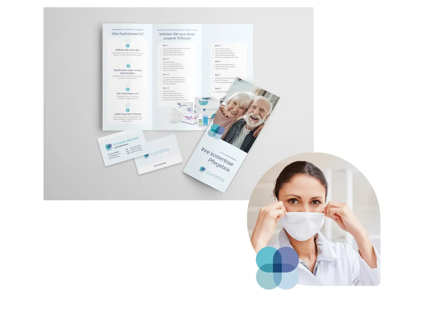Curama Printmaterial mit Flyer und Visitenkarten