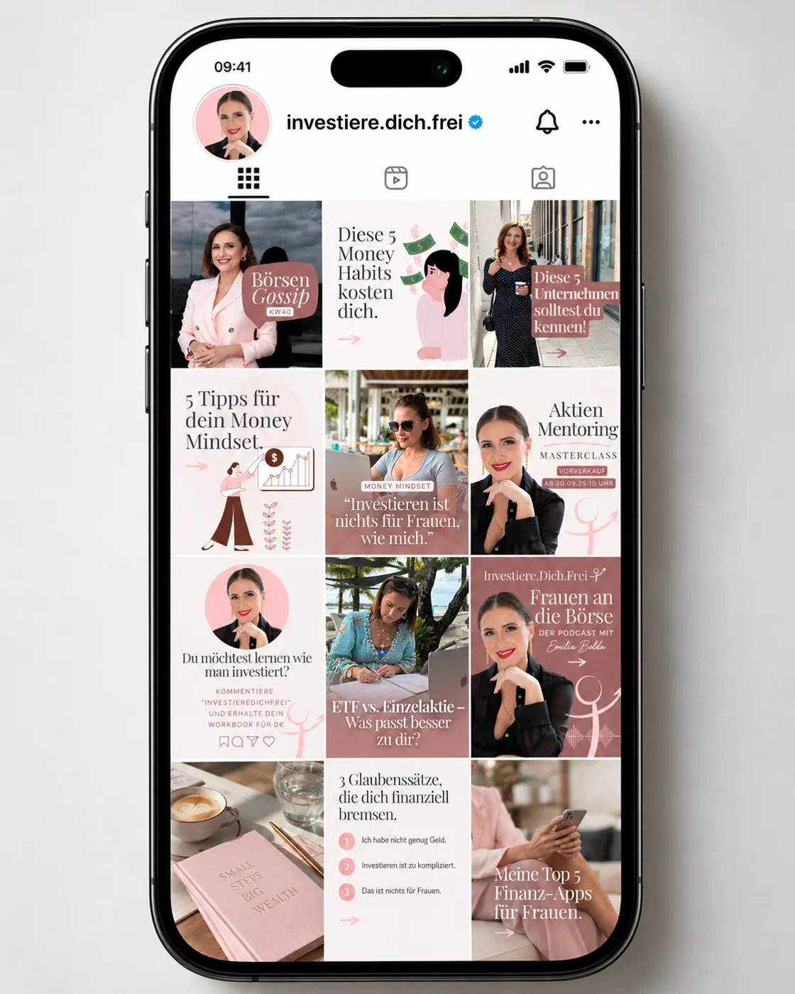 Instagram-Feed der Emilia Bolda Finanzakademie auf einem Smartphone