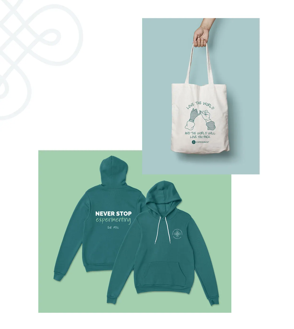 Experiment e.V. Hoodie und Stoffbeutel als Merchandise