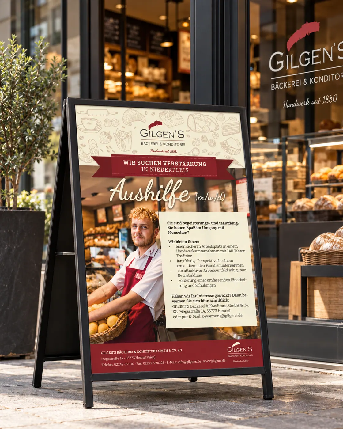 Gilgens Kundenstopper mit Stellenanzeige vor der Bäckerei