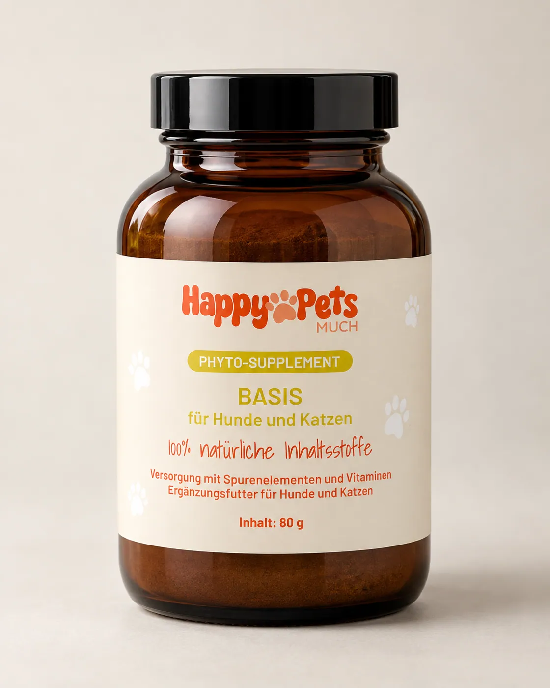 HappyPets Phyto-Supplement Basis für Hunde und Katzen im Braunglas mit neuem Etikett