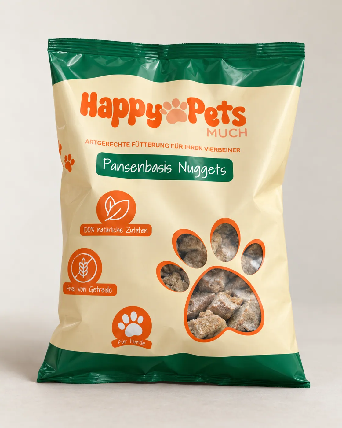HappyPets Pansenbasis Nuggets Verpackung im neuen Packaging Design