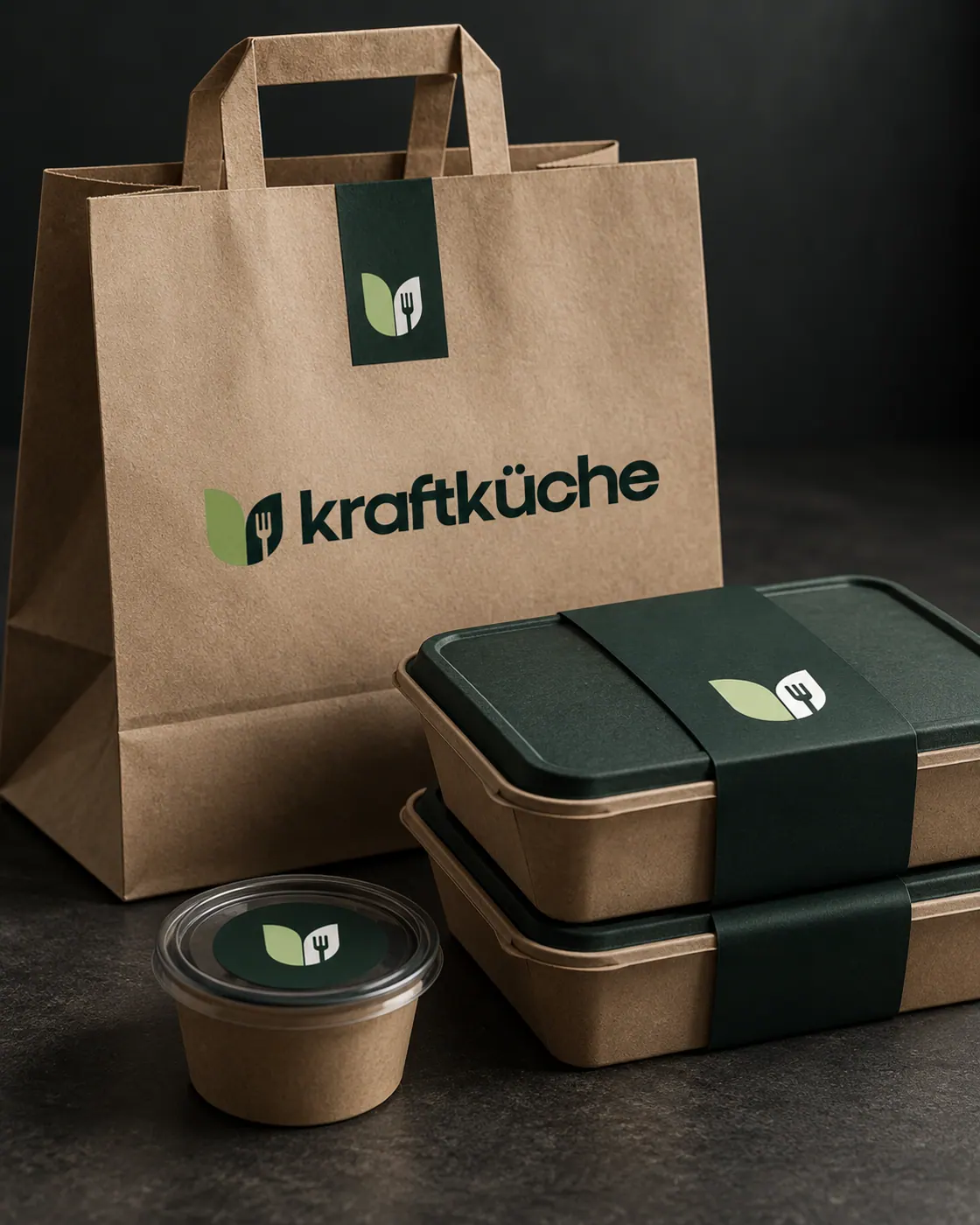 Kraftküche Papiertüte und Meal-Prep-Boxen mit Logo
