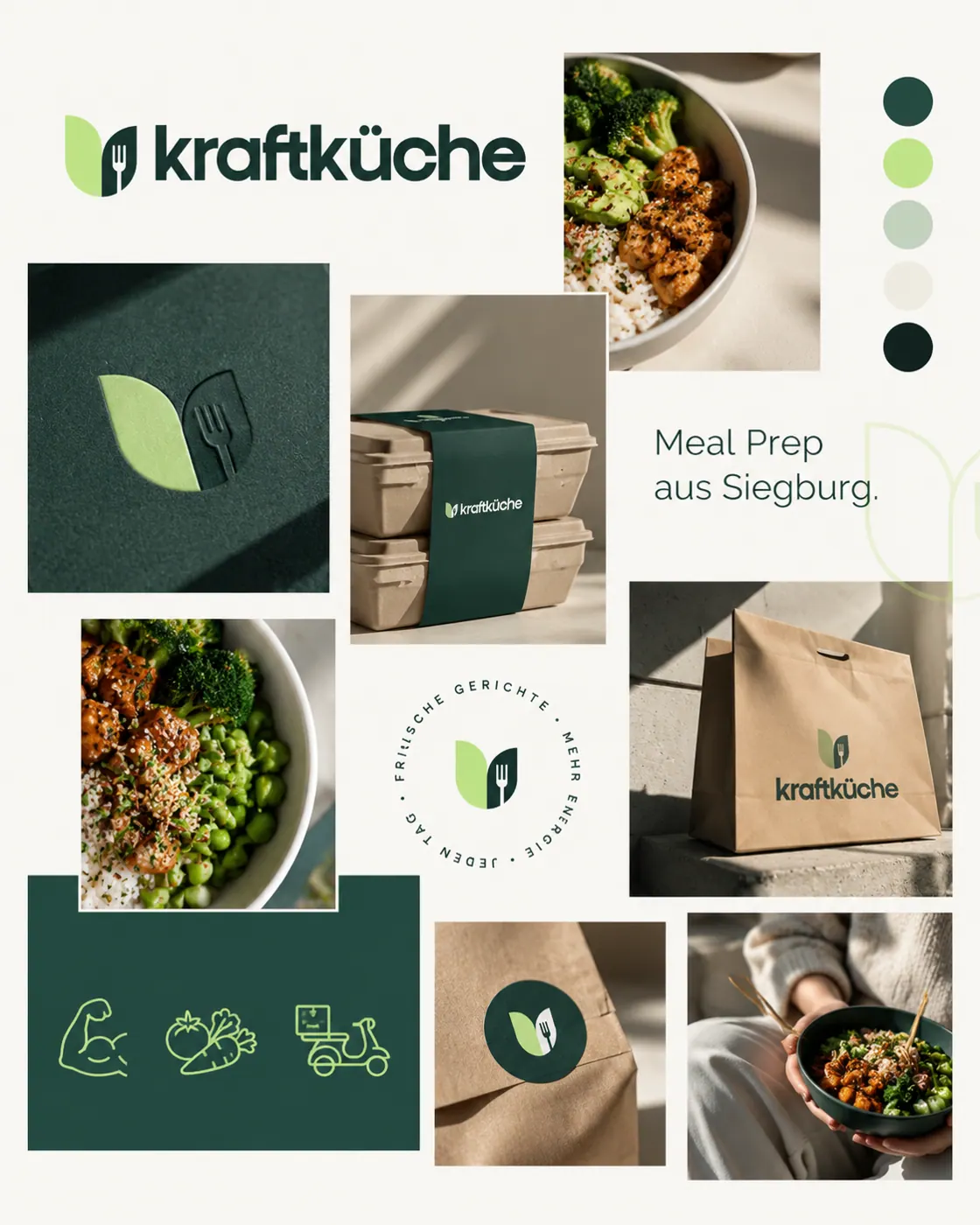 Moodboard der Marke Kraftküche mit Farben und Food-Fotos