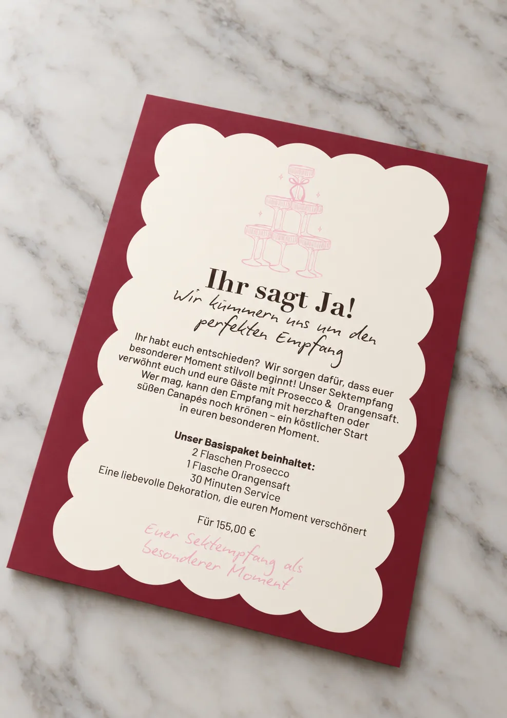 Flyer Sektempfang des Museumscafés in Weinrot und Creme