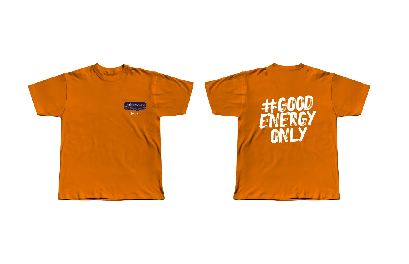 Orangefarbene RheinSiegNetz T-Shirts mit Aufdruck Good Energy Only