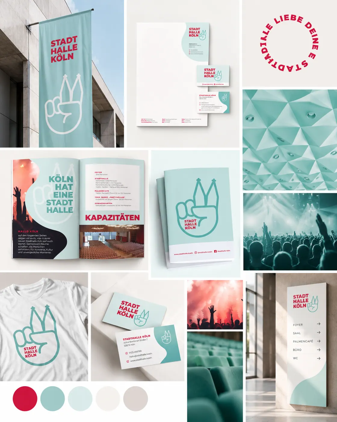 Markenübersicht der Stadthalle Köln mit Farben, Print und Merchandise