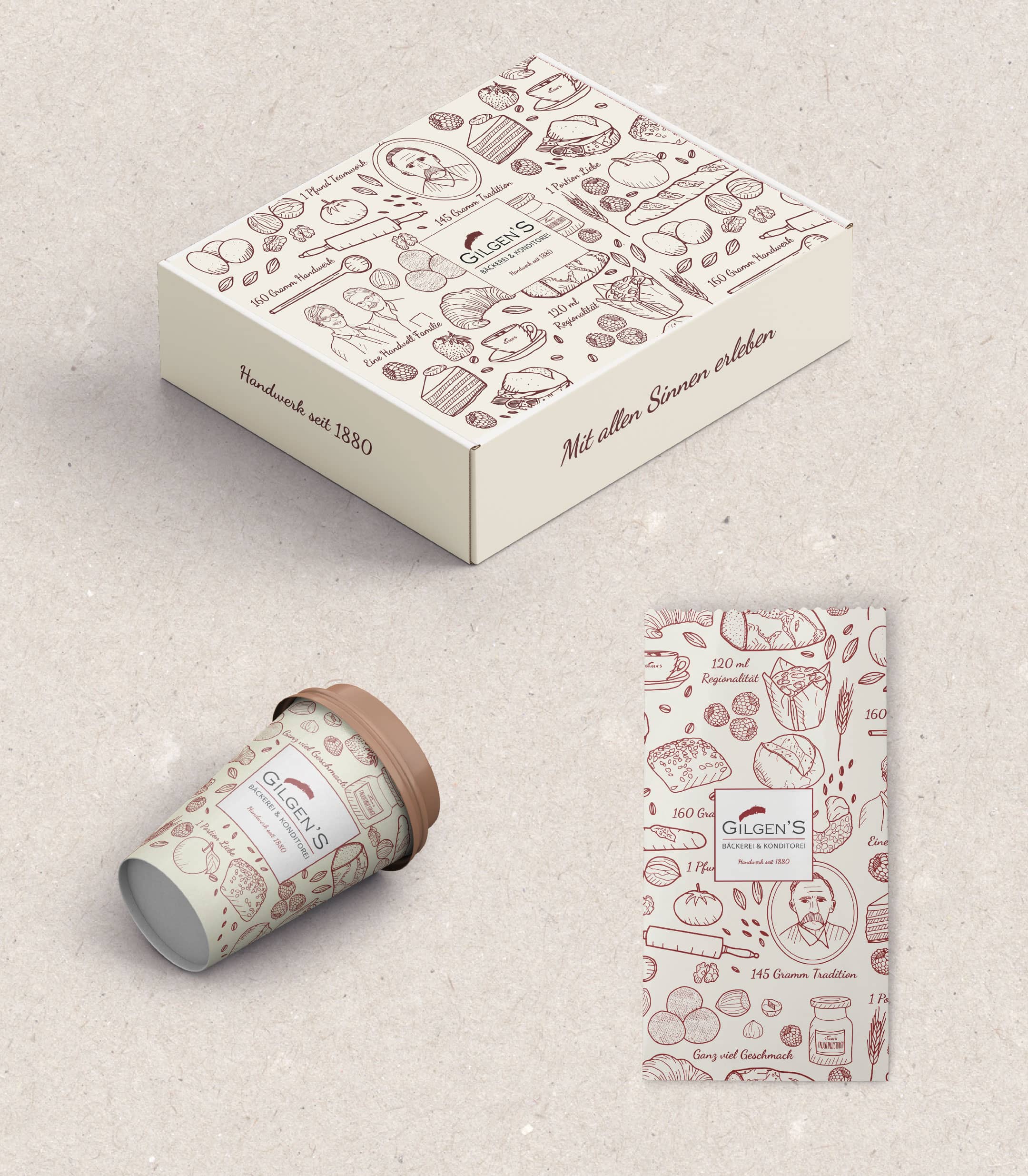 Gilgen's Bäckerei und Konditorei, Verpackungsdesign von Kaffeebecher, Brottüte, Kuchenkarton