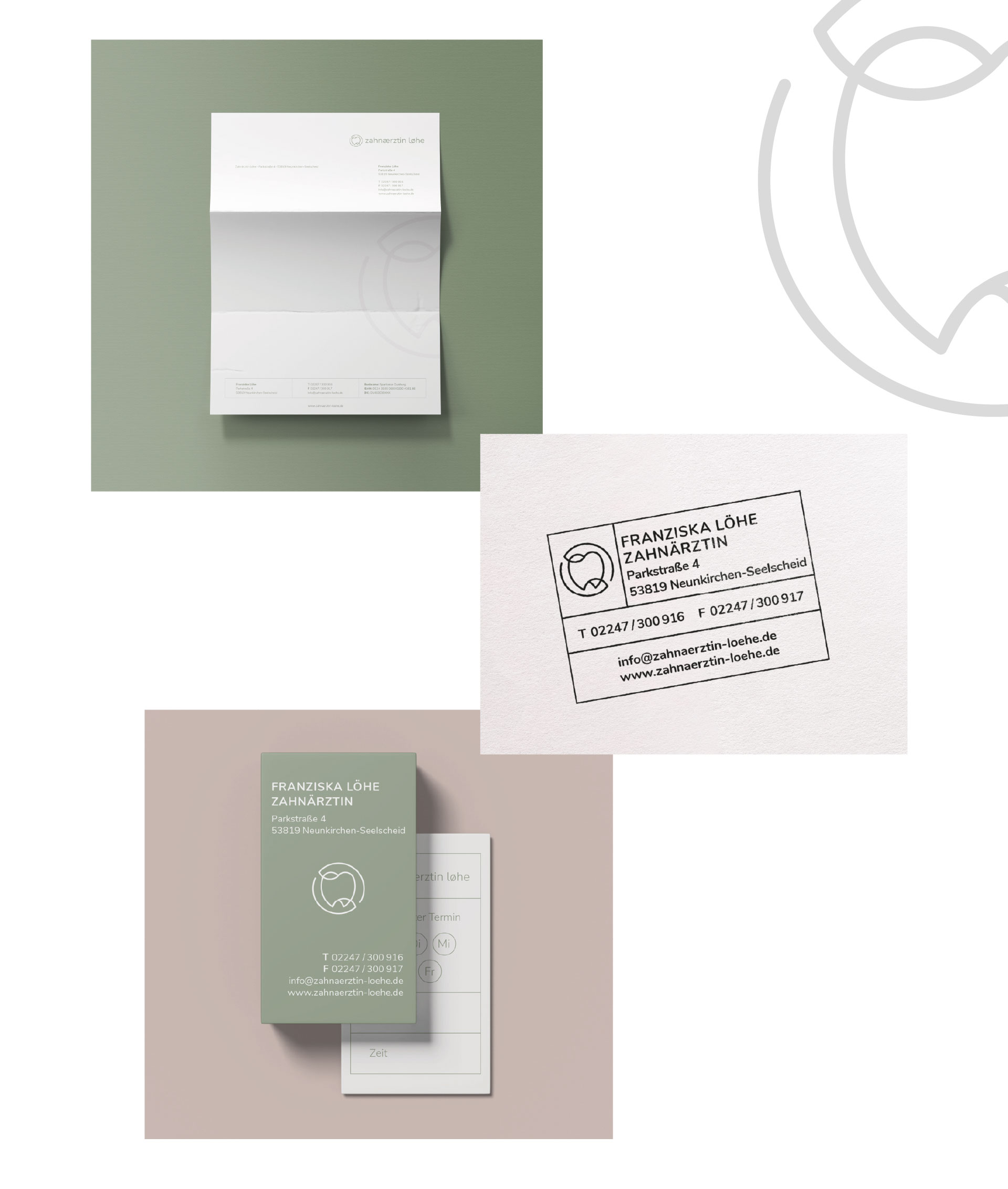 Zahnärztin Löhe Darstellung von Briefbogen, Stempel und Terminkärtchen